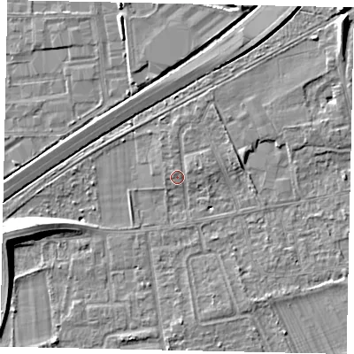 Shaded relief map of the ground around TW166NA, computed from Environment Agency LiDAR. The ground here sits at about 12 m above sea level and falls 9 m across the surrounding 800 m. Surface water reaching this point runs off ground lying to the north-east, 1.1 m higher.