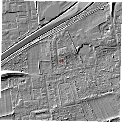 Shaded relief map of the ground around TW166ND, computed from Environment Agency LiDAR. The ground here sits at about 12 m above sea level and falls 8 m across the surrounding 800 m. Surface water reaching this point runs off ground lying to the west-south-west, 7.3 m higher.