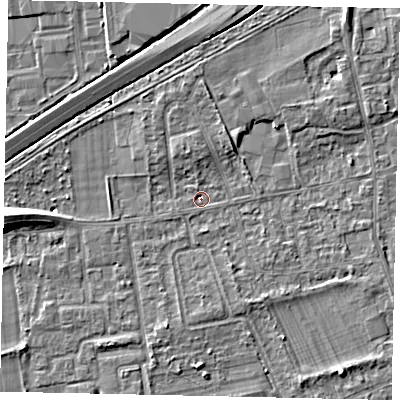 Shaded relief map of the ground around TW166NE, computed from Environment Agency LiDAR. The ground here sits at about 11 m above sea level and falls 7 m across the surrounding 800 m. Surface water reaching this point runs off ground lying to the west, 6.7 m higher.
