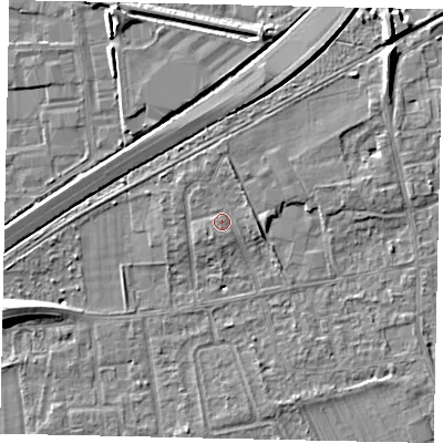 Shaded relief map of the ground around TW166NF, computed from Environment Agency LiDAR. The ground here sits at about 12 m above sea level and falls 7 m across the surrounding 800 m. Surface water reaching this point runs off ground lying to the west, 0.6 m higher.