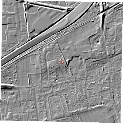 Shaded relief map of the ground around TW166NG, computed from Environment Agency LiDAR. The ground here sits at about 12 m above sea level and falls 7 m across the surrounding 800 m. Surface water reaching this point runs off ground lying to the east-north-east, 0.8 m higher.