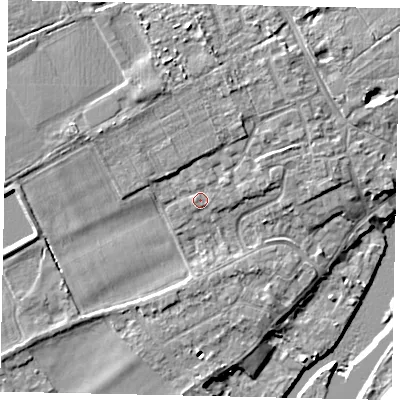 Shaded relief map of the ground around TW166NL, computed from Environment Agency LiDAR. The ground here sits at about 11 m above sea level and falls 7 m across the surrounding 800 m. Surface water reaching this point runs off ground lying to the north-north-east, 2.6 m higher.