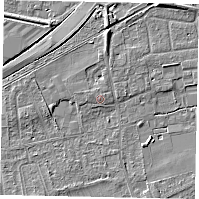 Shaded relief map of the ground around TW166NT, computed from Environment Agency LiDAR. The ground here sits at about 12 m above sea level and falls 7 m across the surrounding 800 m. Surface water reaching this point runs off ground lying to the west-north-west, 1.0 m higher.