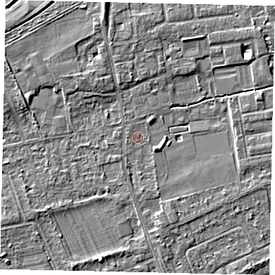 Shaded relief map of the ground around TW166NY, computed from Environment Agency LiDAR. The ground here sits at about 11 m above sea level and falls 7 m across the surrounding 800 m. Surface water reaching this point runs off ground lying to the west-south-west, 1.4 m higher.