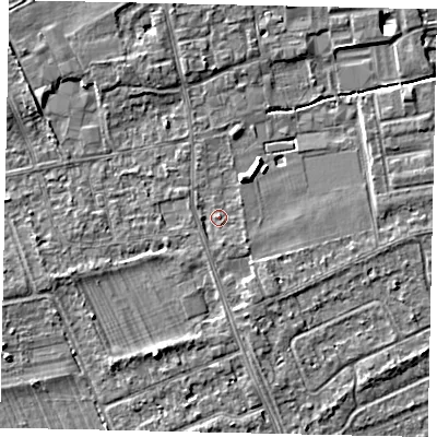 Shaded relief map of the ground around TW166PB, computed from Environment Agency LiDAR. The ground here sits at about 11 m above sea level and falls 5 m across the surrounding 800 m. Surface water reaching this point runs off ground lying to the north-north-east, 2.4 m higher.