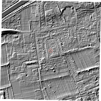 Shaded relief map of the ground around TW166PH, computed from Environment Agency LiDAR. The ground here sits at about 12 m above sea level and falls 7 m across the surrounding 800 m. Surface water reaching this point runs off ground lying to the south-south-east, 0.7 m higher.