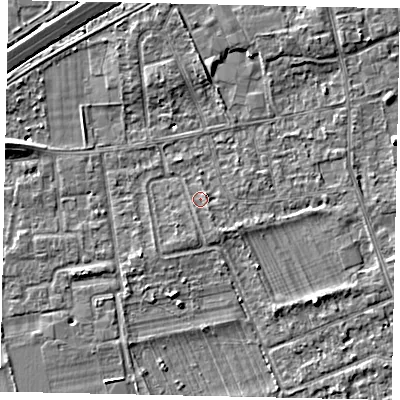 Shaded relief map of the ground around TW166PJ, computed from Environment Agency LiDAR. The ground here sits at about 12 m above sea level and falls 4 m across the surrounding 800 m. Surface water reaching this point runs off ground lying to the north-east, 0.8 m higher.