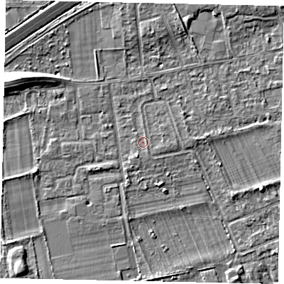 Shaded relief map of the ground around TW166PQ, computed from Environment Agency LiDAR. The ground here sits at about 12 m above sea level and falls 9 m across the surrounding 800 m. Surface water reaching this point runs off ground lying to the south-south-west, 1.2 m higher.