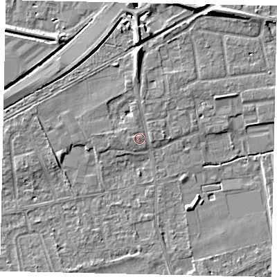 Shaded relief map of the ground around TW166QB, computed from Environment Agency LiDAR. The ground here sits at about 12 m above sea level and falls 7 m across the surrounding 800 m. Surface water reaching this point runs off ground lying to the north, 3.4 m higher.