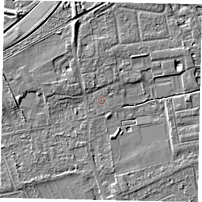 Shaded relief map of the ground around TW166QG, computed from Environment Agency LiDAR. The ground here sits at about 11 m above sea level and falls 8 m across the surrounding 800 m. Surface water reaching this point runs off ground lying to the north-north-west, 1.6 m higher.