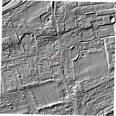 Shaded relief map of the ground around TW166QH, computed from Environment Agency LiDAR. The ground here sits at about 11 m above sea level and falls 6 m across the surrounding 800 m. Surface water reaching this point runs off ground lying to the north, 3.9 m higher.