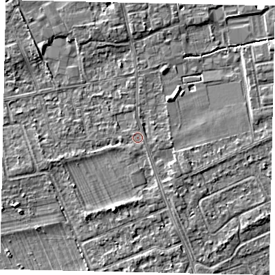 Shaded relief map of the ground around TW166QQ, computed from Environment Agency LiDAR. The ground here sits at about 11 m above sea level and falls 4 m across the surrounding 800 m. Surface water reaching this point runs off ground lying to the south, 1.2 m higher.
