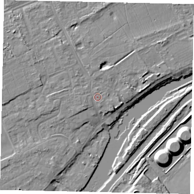 Shaded relief map of the ground around TW166RN, computed from Environment Agency LiDAR. The ground here sits at about 12 m above sea level and falls 11 m across the surrounding 800 m. Surface water reaching this point runs off ground lying to the west-south-west, 1.2 m higher.