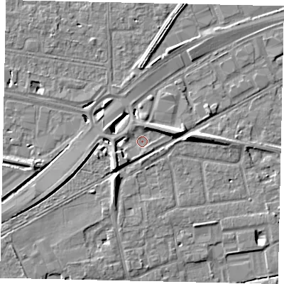 Shaded relief map of the ground around TW166SB, computed from Environment Agency LiDAR. The ground here sits at about 12 m above sea level and falls 8 m across the surrounding 800 m. Surface water reaching this point runs off ground lying to the south-west, 6.4 m higher.