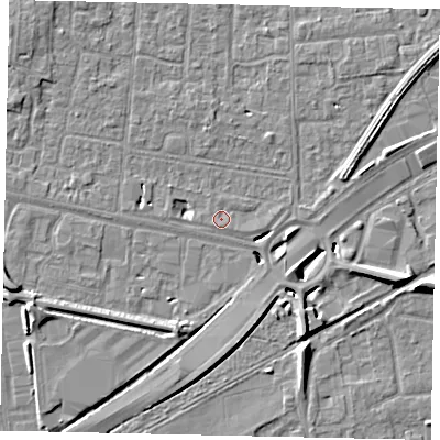 Shaded relief map of the ground around TW167AA, computed from Environment Agency LiDAR. The ground here sits at about 12 m above sea level and falls 8 m across the surrounding 800 m. Surface water reaching this point runs off ground lying to the west-south-west, 6.9 m higher.