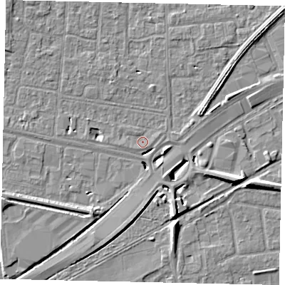Shaded relief map of the ground around TW167AB, computed from Environment Agency LiDAR. The ground here sits at about 12 m above sea level and falls 8 m across the surrounding 800 m. Surface water reaching this point runs off ground lying to the south-south-east, 6.3 m higher.