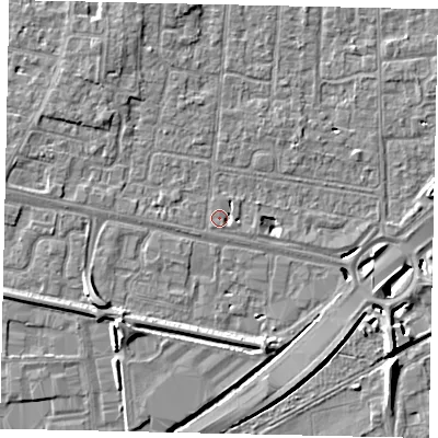 Shaded relief map of the ground around TW167AE, computed from Environment Agency LiDAR. The ground here sits at about 12 m above sea level and falls 8 m across the surrounding 800 m. Surface water reaching this point runs off ground lying to the south-south-east, 1.8 m higher.