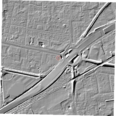 Shaded relief map of the ground around TW167AR, computed from Environment Agency LiDAR. The ground here sits at about 12 m above sea level and falls 8 m across the surrounding 800 m. Surface water reaching this point runs off ground lying to the south, 4.9 m higher.