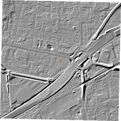 Shaded relief map of the ground around TW167AZ, computed from Environment Agency LiDAR. The ground here sits at about 12 m above sea level and falls 8 m across the surrounding 800 m. Surface water reaching this point runs off ground lying to the south-south-east, 4.9 m higher.