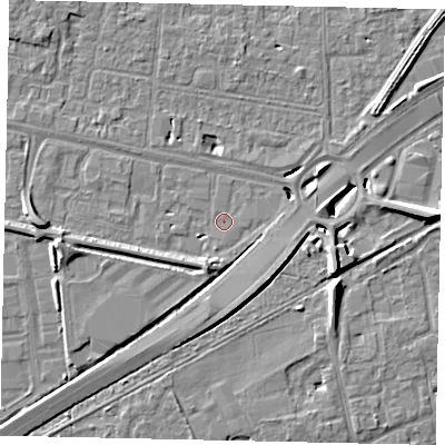 Shaded relief map of the ground around TW167BB, computed from Environment Agency LiDAR. The ground here sits at about 12 m above sea level and falls 8 m across the surrounding 800 m. Surface water reaching this point runs off ground lying to the south-east, 4.9 m higher.