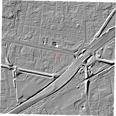 Shaded relief map of the ground around TW167BD, computed from Environment Agency LiDAR. The ground here sits at about 12 m above sea level and falls 8 m across the surrounding 800 m. Surface water reaching this point runs off ground lying to the west-south-west, 1.1 m higher.