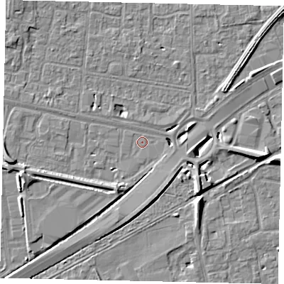 Shaded relief map of the ground around TW167BE, computed from Environment Agency LiDAR. The ground here sits at about 12 m above sea level and falls 8 m across the surrounding 800 m. Surface water reaching this point runs off ground lying to the south-south-east, 4.9 m higher.