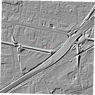 Shaded relief map of the ground around TW167BG, computed from Environment Agency LiDAR. The ground here sits at about 12 m above sea level and falls 8 m across the surrounding 800 m. Surface water reaching this point runs off ground lying to the east-south-east, 4.9 m higher.