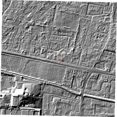 Shaded relief map of the ground around TW167BH, computed from Environment Agency LiDAR. The ground here sits at about 13 m above sea level and falls 7 m across the surrounding 800 m. Surface water reaching this point runs off ground lying to the east-south-east, 0.7 m higher.