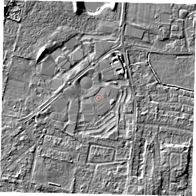 Shaded relief map of the ground around TW167BP, computed from Environment Agency LiDAR. The ground here sits at about 13 m above sea level and falls 8 m across the surrounding 800 m. Surface water reaching this point runs off ground lying to the north-east, 4.0 m higher.