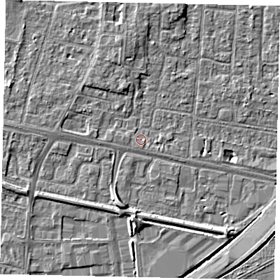 Shaded relief map of the ground around TW167BQ, computed from Environment Agency LiDAR. The ground here sits at about 12 m above sea level and falls 6 m across the surrounding 800 m. Surface water reaching this point runs off ground lying to the west-north-west, 0.8 m higher.