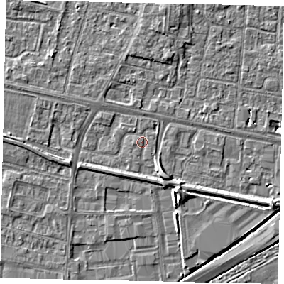 Shaded relief map of the ground around TW167BS, computed from Environment Agency LiDAR. The ground here sits at about 13 m above sea level and falls 6 m across the surrounding 800 m. Surface water reaching this point runs off ground lying to the south-south-east, 3.8 m higher.