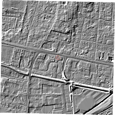 Shaded relief map of the ground around TW167BX, computed from Environment Agency LiDAR. The ground here sits at about 13 m above sea level and falls 6 m across the surrounding 800 m. Surface water reaching this point runs off ground lying to the west-south-west, 1.7 m higher.