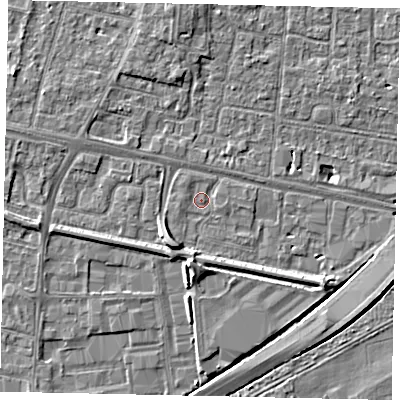 Shaded relief map of the ground around TW167BZ, computed from Environment Agency LiDAR. The ground here sits at about 12 m above sea level and falls 6 m across the surrounding 800 m. Surface water reaching this point runs off ground lying to the north-west, 0.8 m higher.