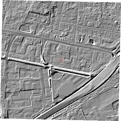 Shaded relief map of the ground around TW167DA, computed from Environment Agency LiDAR. The ground here sits at about 12 m above sea level and falls 7 m across the surrounding 800 m. Surface water reaching this point runs off ground lying to the west-south-west, 4.0 m higher.
