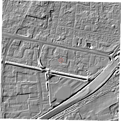 Shaded relief map of the ground around TW167DD, computed from Environment Agency LiDAR. The ground here sits at about 12 m above sea level and falls 7 m across the surrounding 800 m. Surface water reaching this point runs off ground lying to the north-east, 0.8 m higher.