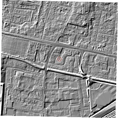 Shaded relief map of the ground around TW167DF, computed from Environment Agency LiDAR. The ground here sits at about 12 m above sea level and falls 5 m across the surrounding 800 m. Surface water reaching this point runs off ground lying to the west-south-west, 1.7 m higher.