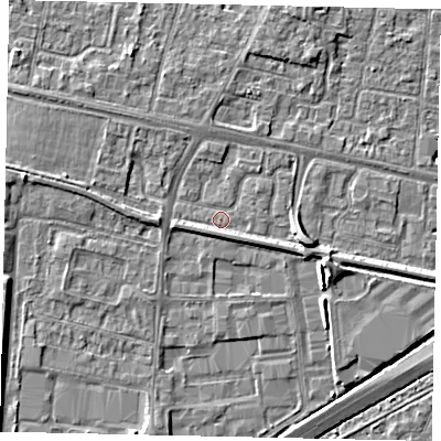 Shaded relief map of the ground around TW167DG, computed from Environment Agency LiDAR. The ground here sits at about 13 m above sea level and falls 5 m across the surrounding 800 m. Surface water reaching this point runs off ground lying to the south-east, 1.4 m higher.