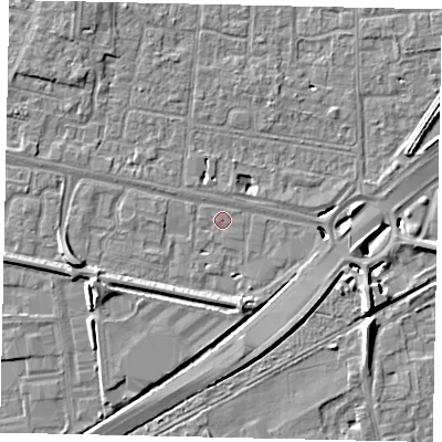 Shaded relief map of the ground around TW167DJ, computed from Environment Agency LiDAR. The ground here sits at about 12 m above sea level and falls 8 m across the surrounding 800 m. Surface water reaching this point runs off ground lying to the west-south-west, 4.2 m higher.