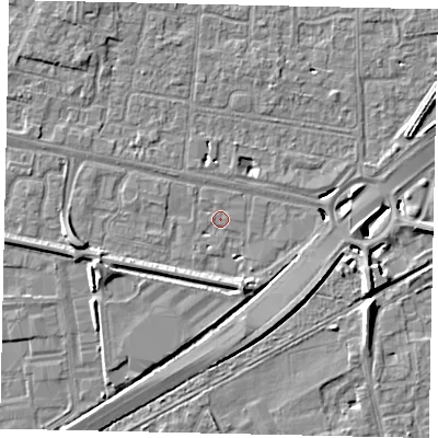 Shaded relief map of the ground around TW167DL, computed from Environment Agency LiDAR. The ground here sits at about 12 m above sea level and falls 8 m across the surrounding 800 m. Surface water reaching this point runs off ground lying to the south-south-west, 1.1 m higher.