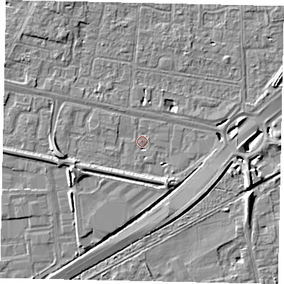 Shaded relief map of the ground around TW167DN, computed from Environment Agency LiDAR. The ground here sits at about 12 m above sea level and falls 8 m across the surrounding 800 m. Surface water reaching this point runs off ground lying to the south-south-west, 1.1 m higher.