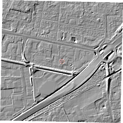 Shaded relief map of the ground around TW167DP, computed from Environment Agency LiDAR. The ground here sits at about 12 m above sea level and falls 8 m across the surrounding 800 m. Surface water reaching this point runs off ground lying to the south-south-west, 1.1 m higher.