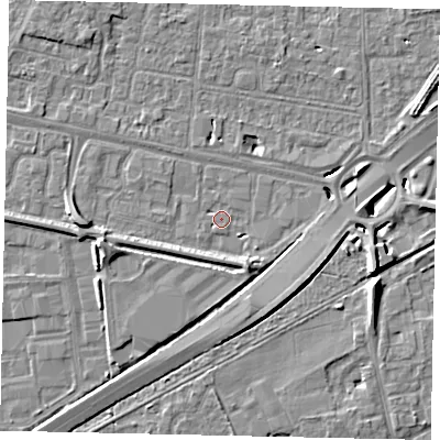 Shaded relief map of the ground around TW167DR, computed from Environment Agency LiDAR. The ground here sits at about 12 m above sea level and falls 8 m across the surrounding 800 m. Surface water reaching this point runs off ground lying to the south-west, 1.1 m higher.