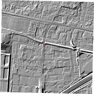Shaded relief map of the ground around TW167DT, computed from Environment Agency LiDAR. The ground here sits at about 12 m above sea level and falls 6 m across the surrounding 800 m. Surface water reaching this point runs off ground lying to the north-north-west, 1.7 m higher.