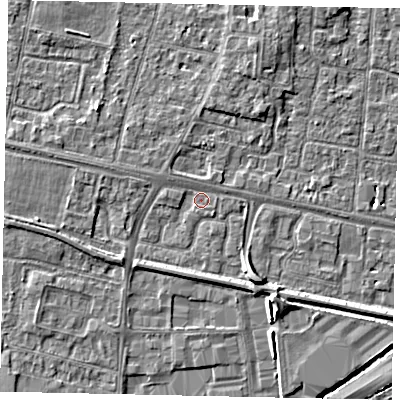 Shaded relief map of the ground around TW167DU, computed from Environment Agency LiDAR. The ground here sits at about 13 m above sea level and falls 5 m across the surrounding 800 m. Surface water reaching this point runs off ground lying to the south-west, 1.7 m higher.