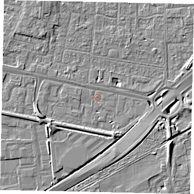 Shaded relief map of the ground around TW167DW, computed from Environment Agency LiDAR. The ground here sits at about 12 m above sea level and falls 8 m across the surrounding 800 m. Surface water reaching this point runs off ground lying to the west-south-west, 4.2 m higher.