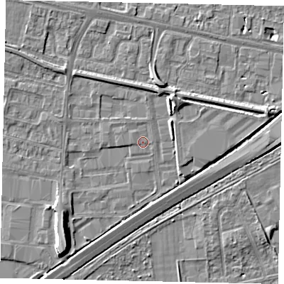 Shaded relief map of the ground around TW167DX, computed from Environment Agency LiDAR. The ground here sits at about 12 m above sea level and falls 10 m across the surrounding 800 m. Surface water reaching this point runs off ground lying to the west-north-west, 0.7 m higher.