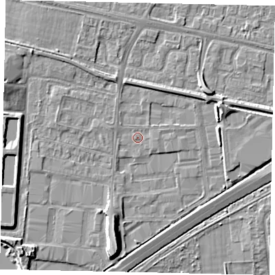 Shaded relief map of the ground around TW167DY, computed from Environment Agency LiDAR. The ground here sits at about 12 m above sea level and falls 8 m across the surrounding 800 m. Surface water reaching this point runs off ground lying to the north-north-west, 1.7 m higher.