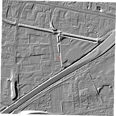 Shaded relief map of the ground around TW167EB, computed from Environment Agency LiDAR. The ground here sits at about 12 m above sea level and falls 10 m across the surrounding 800 m. Surface water reaching this point runs off ground lying to the north, 3.9 m higher.