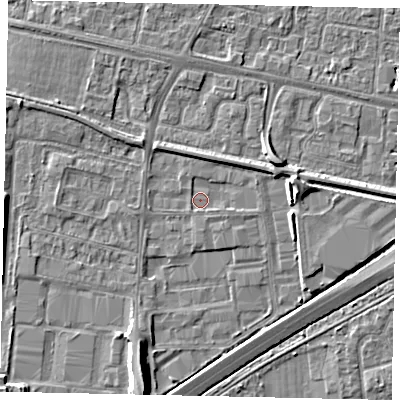 Shaded relief map of the ground around TW167EE, computed from Environment Agency LiDAR. The ground here sits at about 12 m above sea level and falls 9 m across the surrounding 800 m. Surface water reaching this point runs off ground lying to the south, 0.9 m higher.