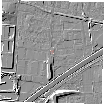 Shaded relief map of the ground around TW167EF, computed from Environment Agency LiDAR. The ground here sits at about 12 m above sea level and falls 10 m across the surrounding 800 m. Surface water reaching this point runs off ground lying to the south-south-west, 3.6 m higher.
